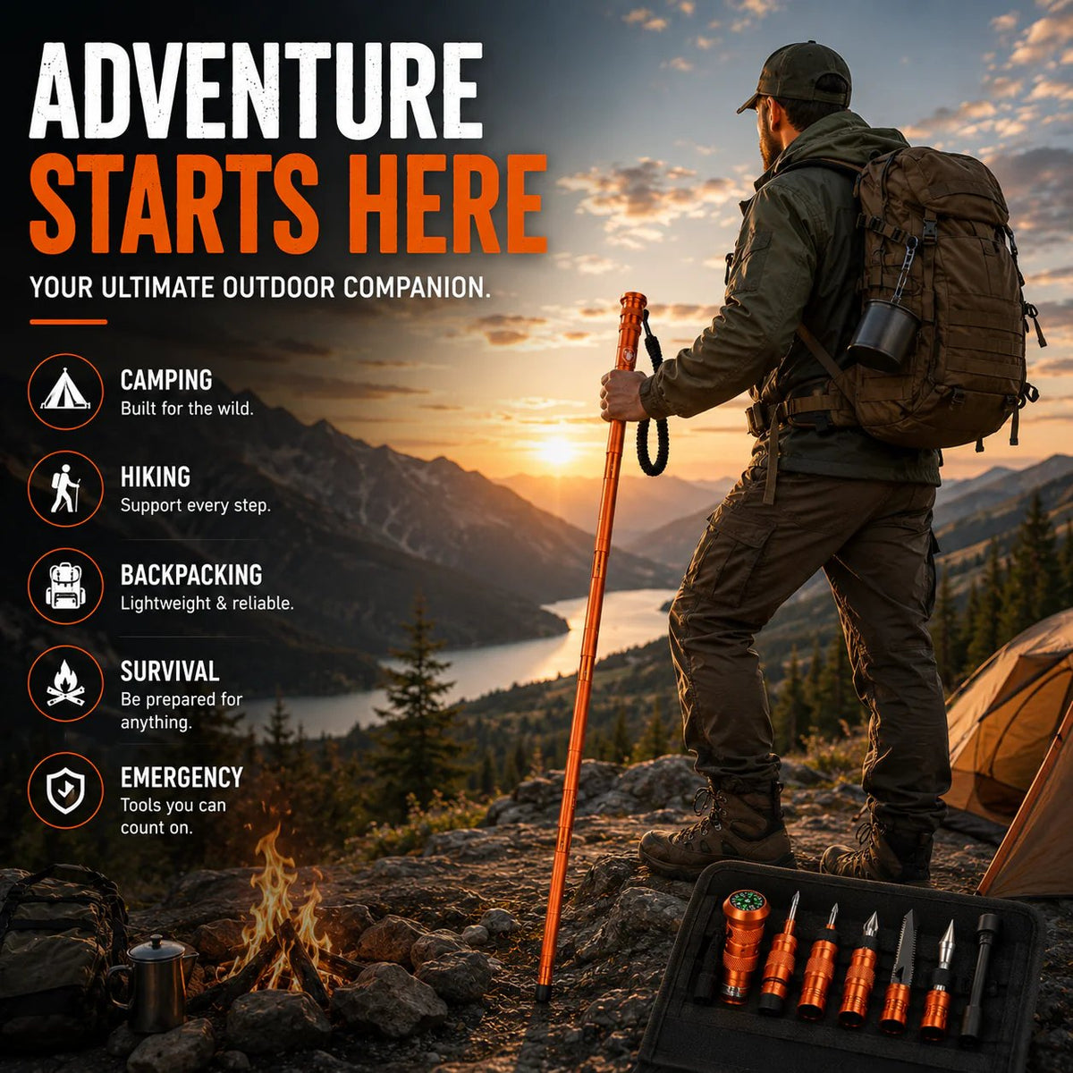 🚨Survival Hiking Stick – Adjustable Trekking Pole with Built-In Outdoor Survival Tools